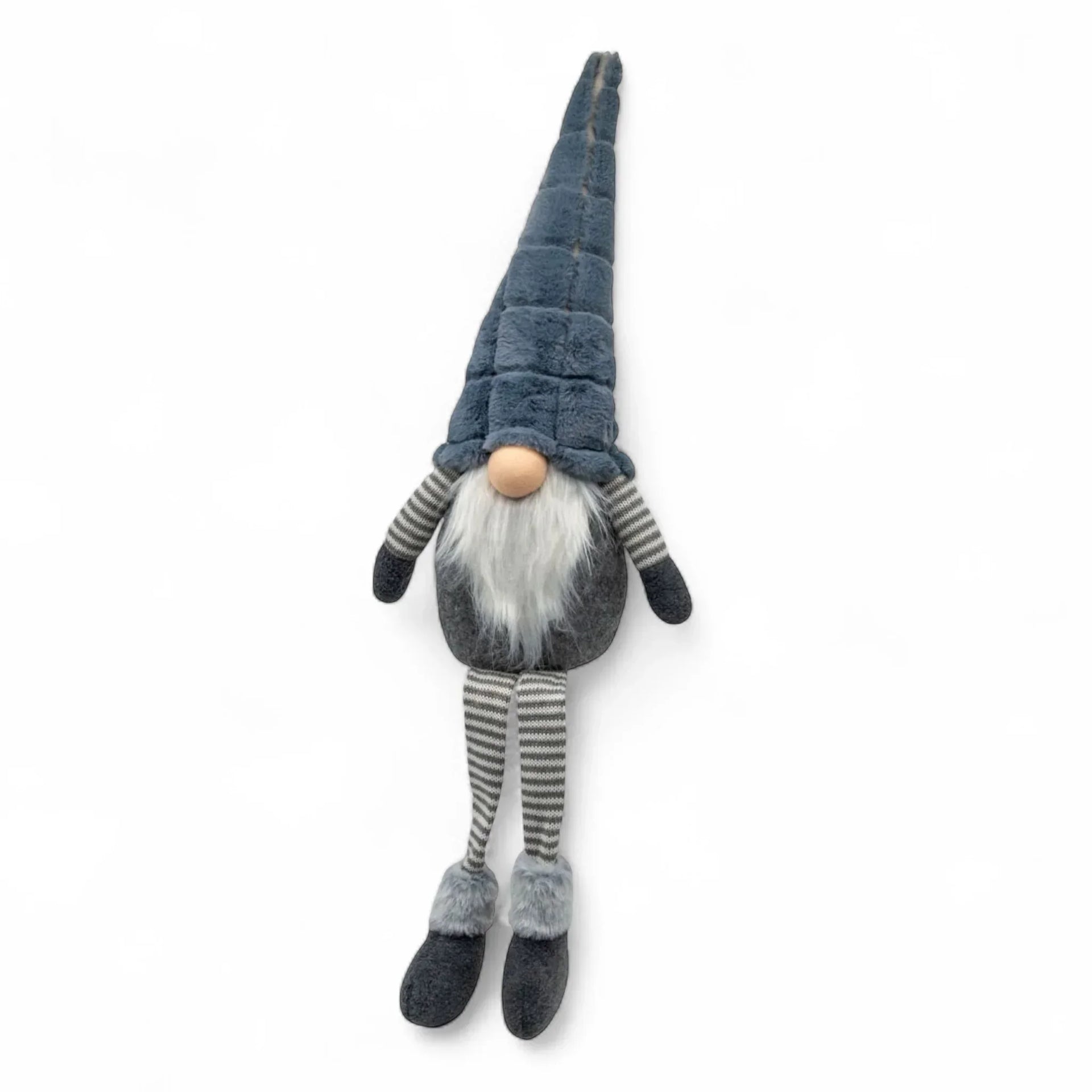 Grey plush gnome with striped legs, fluffy beard, and tall hat for home décor