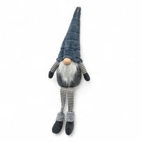 Grey plush gnome with striped legs, fluffy beard, and tall hat for home décor