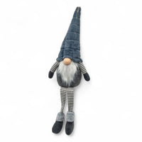 Grey plush gnome with striped legs, fluffy beard, and tall hat for home décor