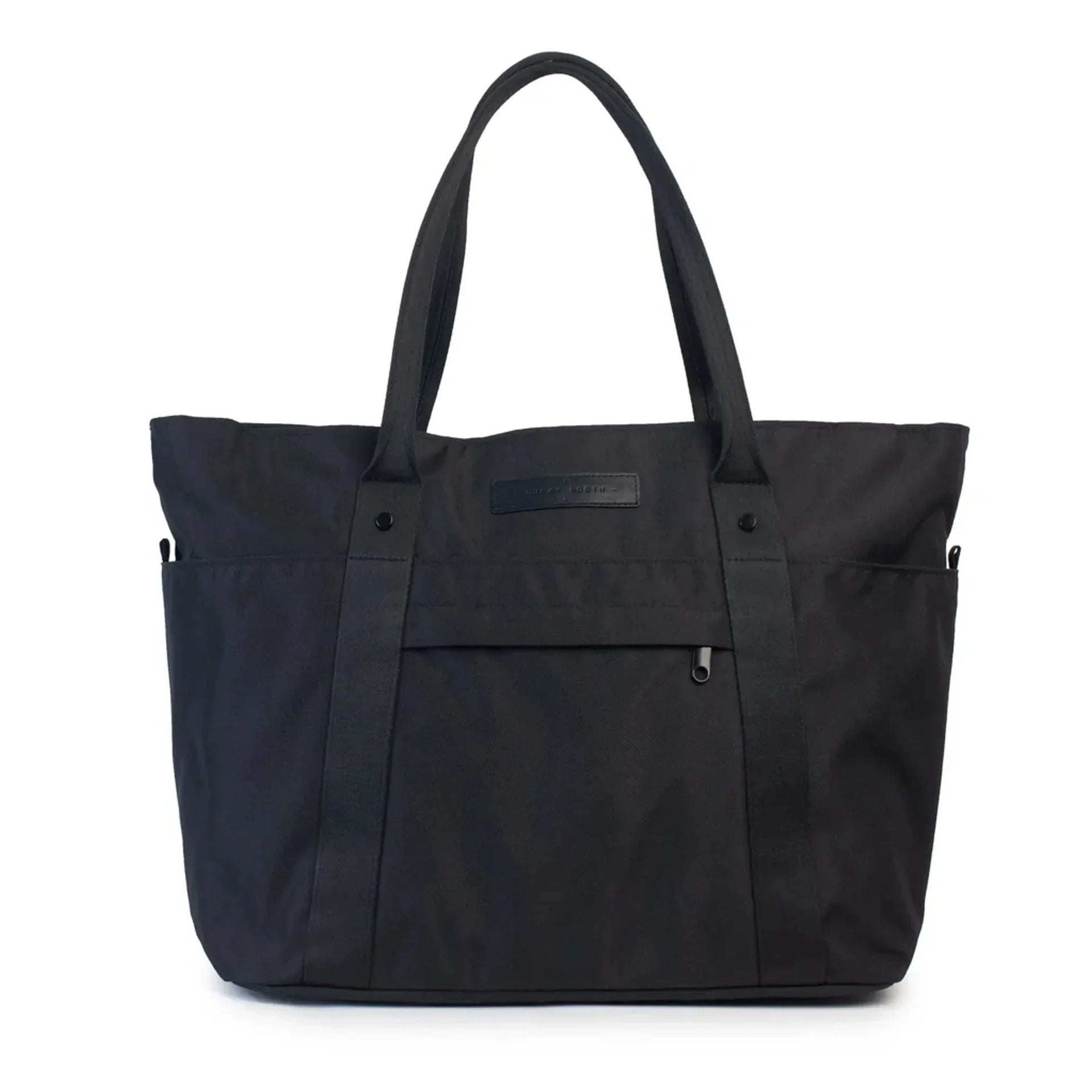 Black tote bag with front pocket and dual handles for everyday use