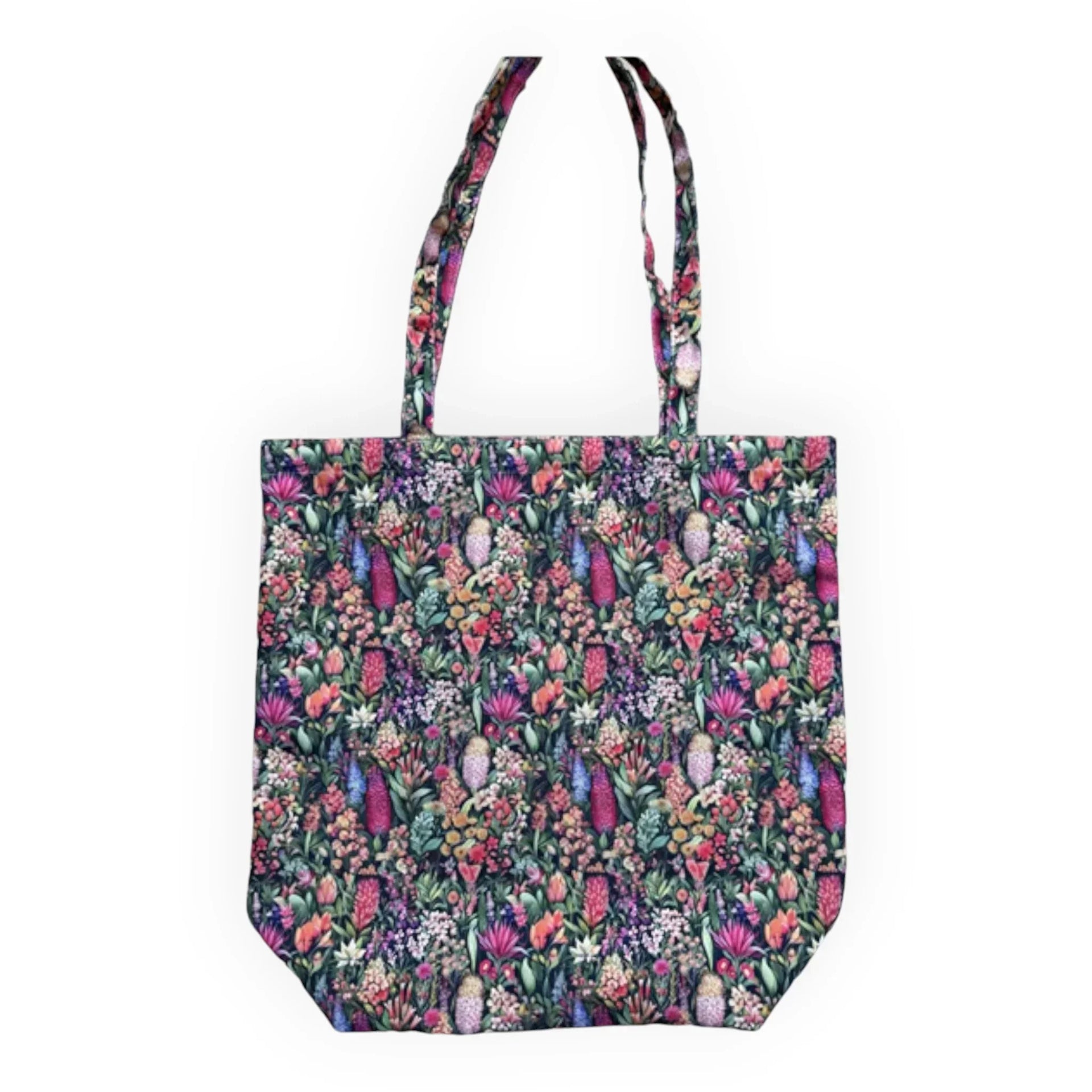 Floral print tote bag with vibrant wildflowers, perfect for everyday use or as a stylish home accessory.