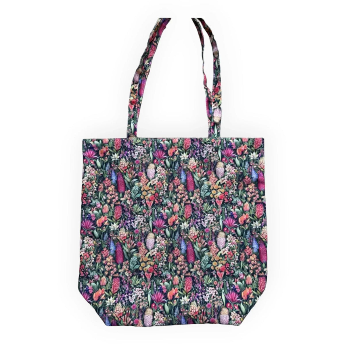 Floral print tote bag with vibrant wildflowers, perfect for everyday use or as a stylish home accessory.