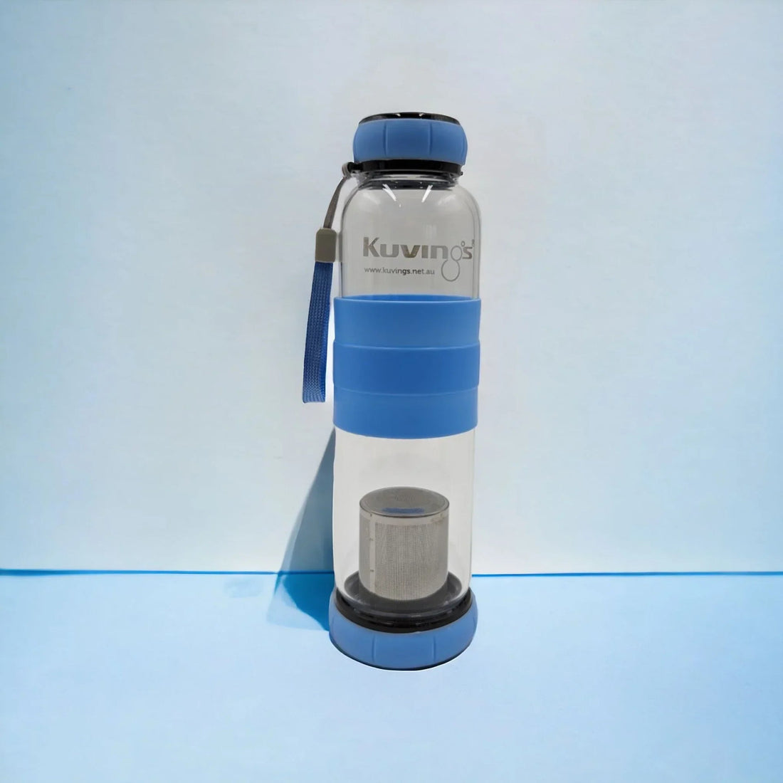 Clear glass water bottle with blue silicone grip and infuser, featuring Kuvings branding