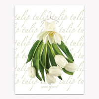 White tulip bouquet hanging on wire hanger, floral wall art with 'tulip' script background, petal & pins®