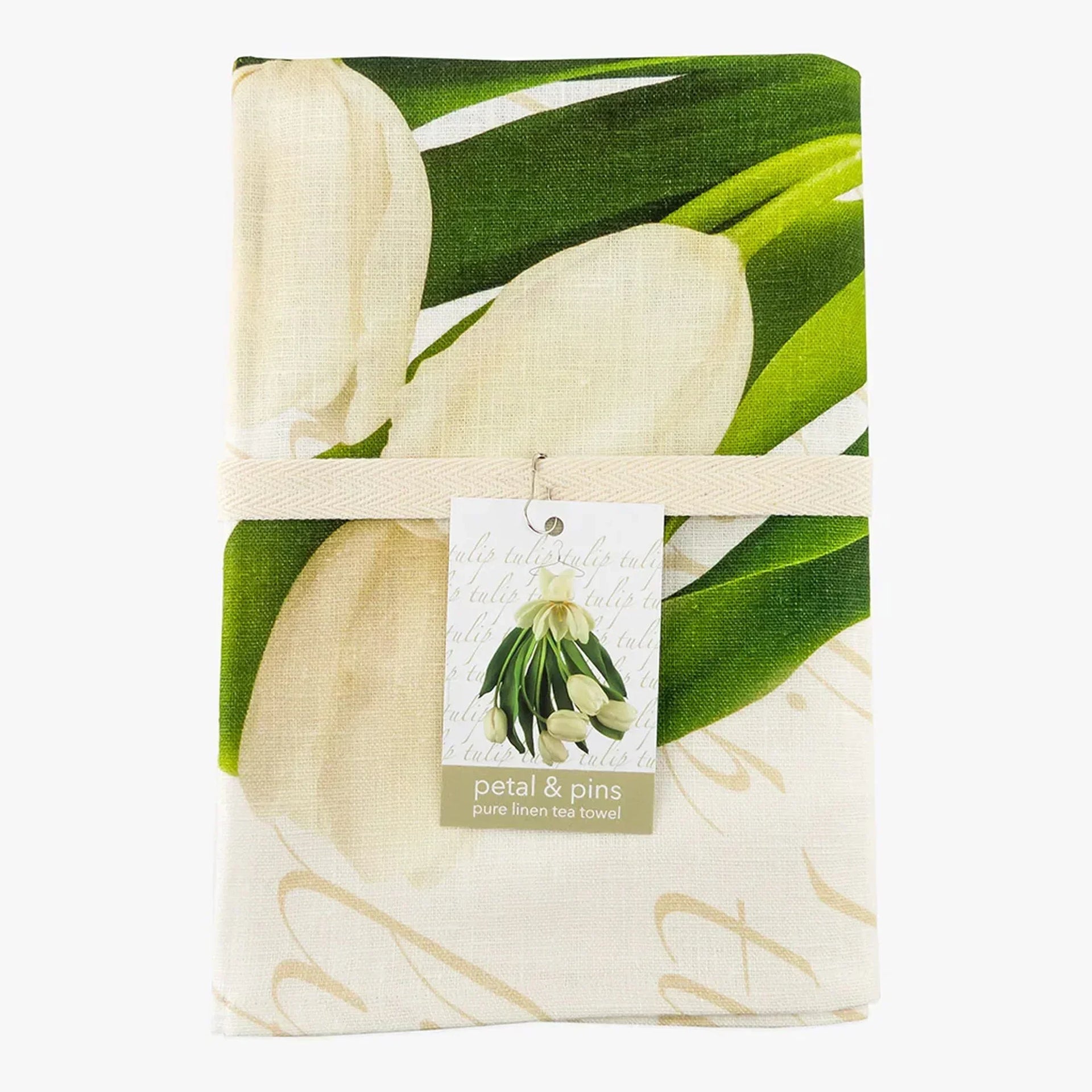 Pure linen tea towel with white tulip and green leaf print, elegant home decor accessory
