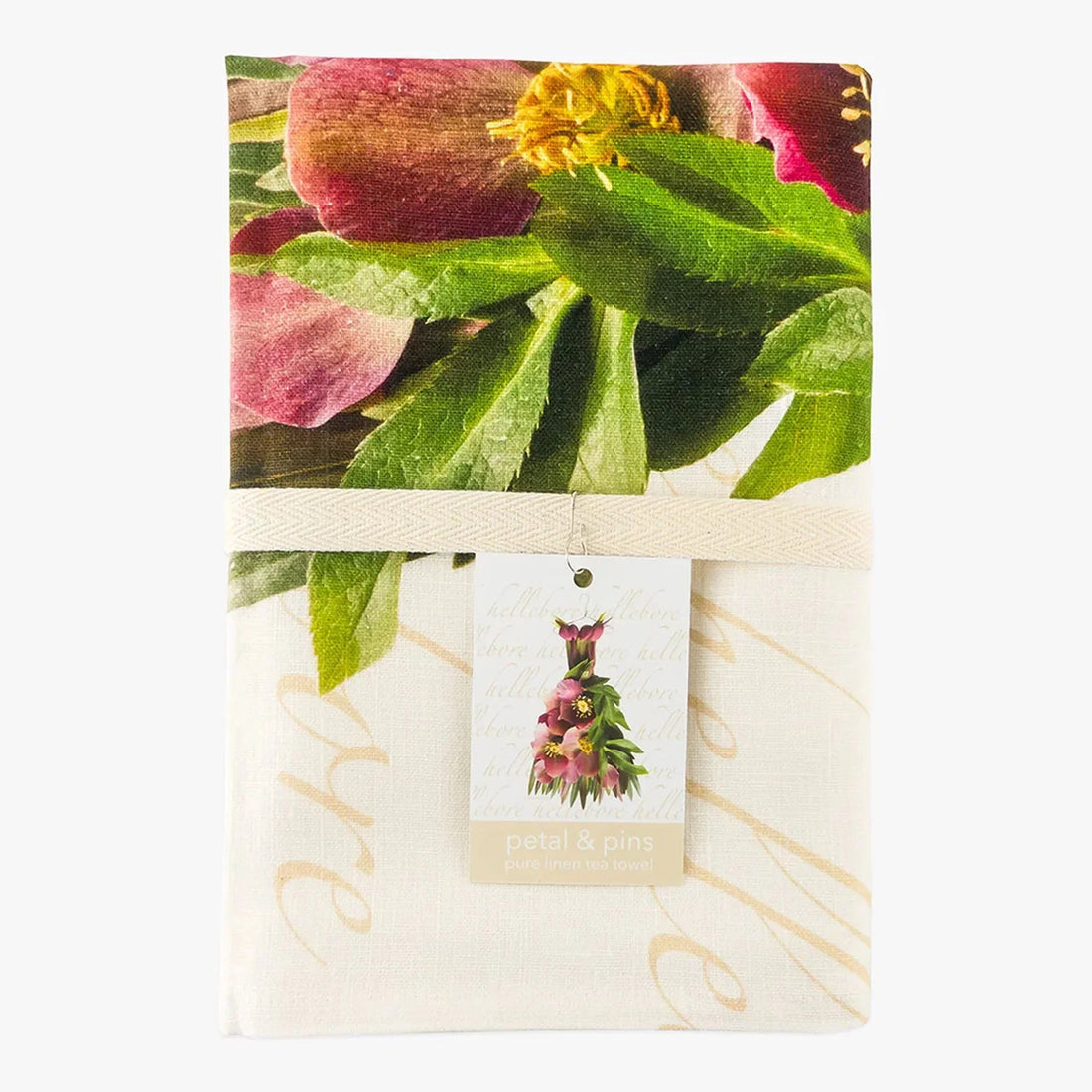 Petal & Pins pure linen tea towel with hellebore floral print, elegant home décor accessory