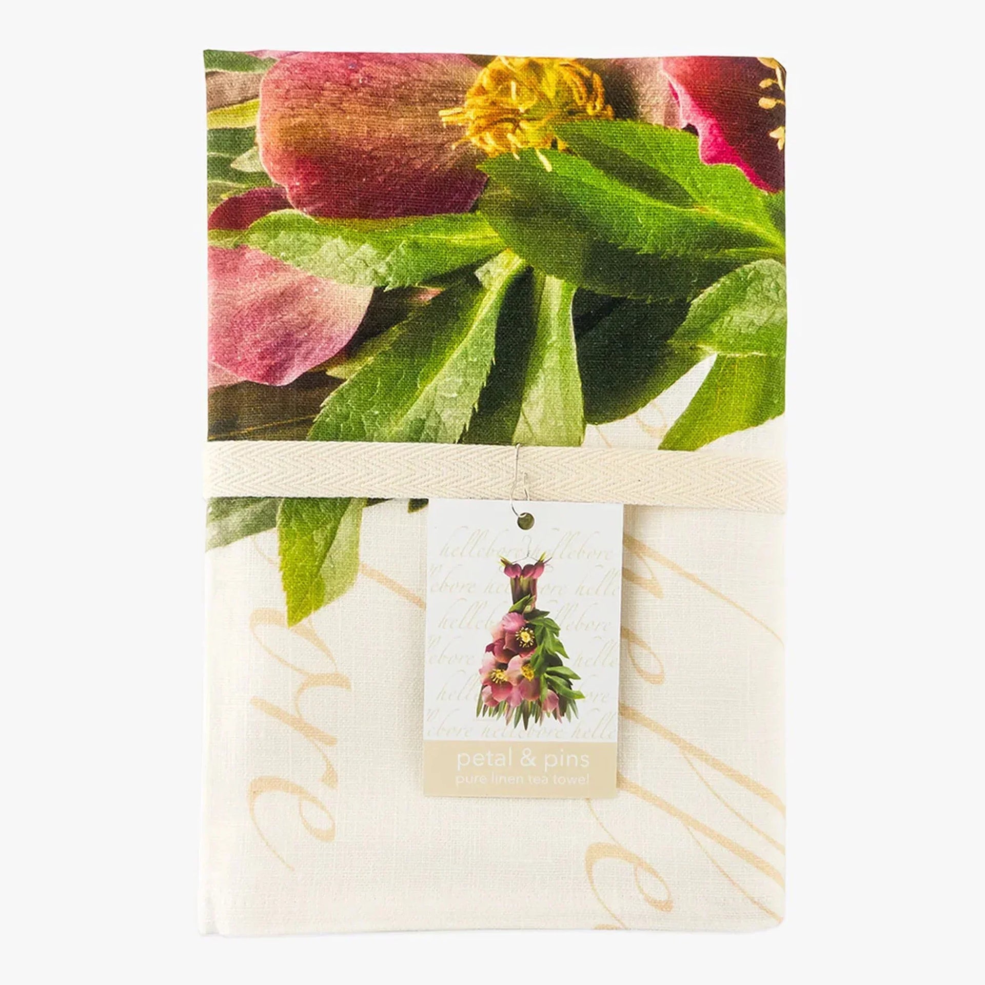 Petal & Pins pure linen tea towel with hellebore floral print, elegant home décor accessory