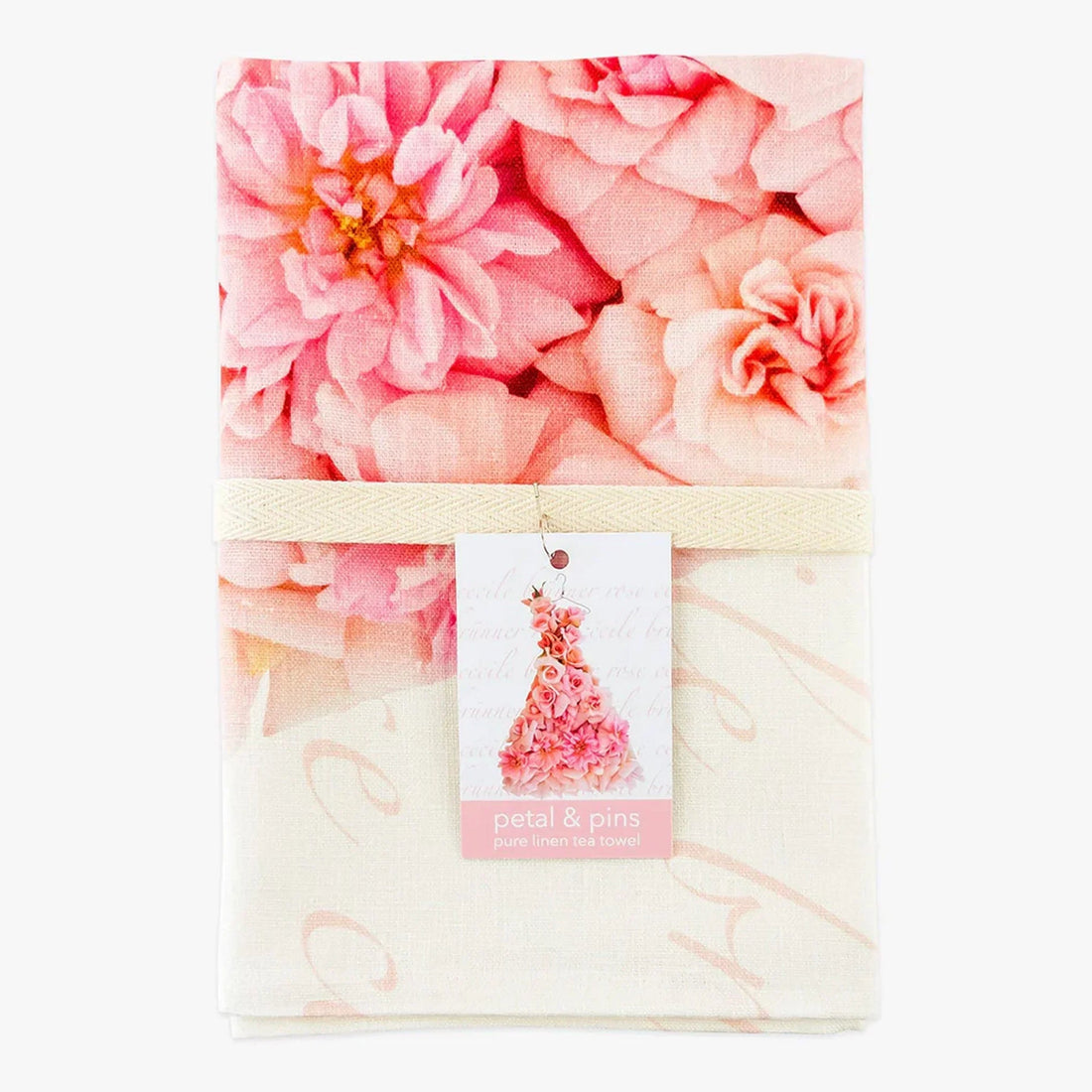 Pink rose petal print pure linen tea towel, floral kitchen decor, elegant home accessory