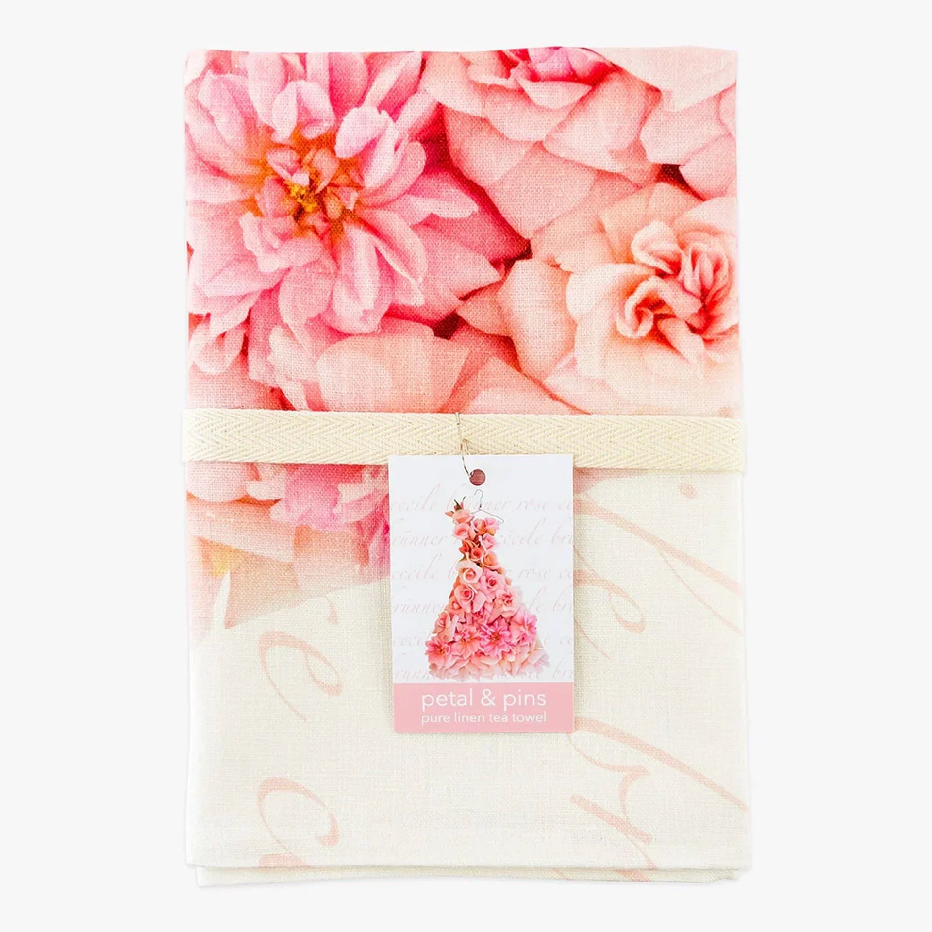 Pink rose petal print pure linen tea towel, floral kitchen decor, elegant home accessory