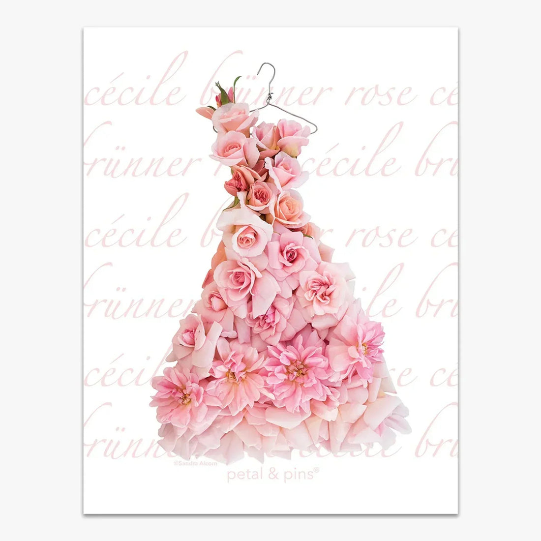 Pink rose floral dress art print, elegant home décor wall art with soft blush tones and script background