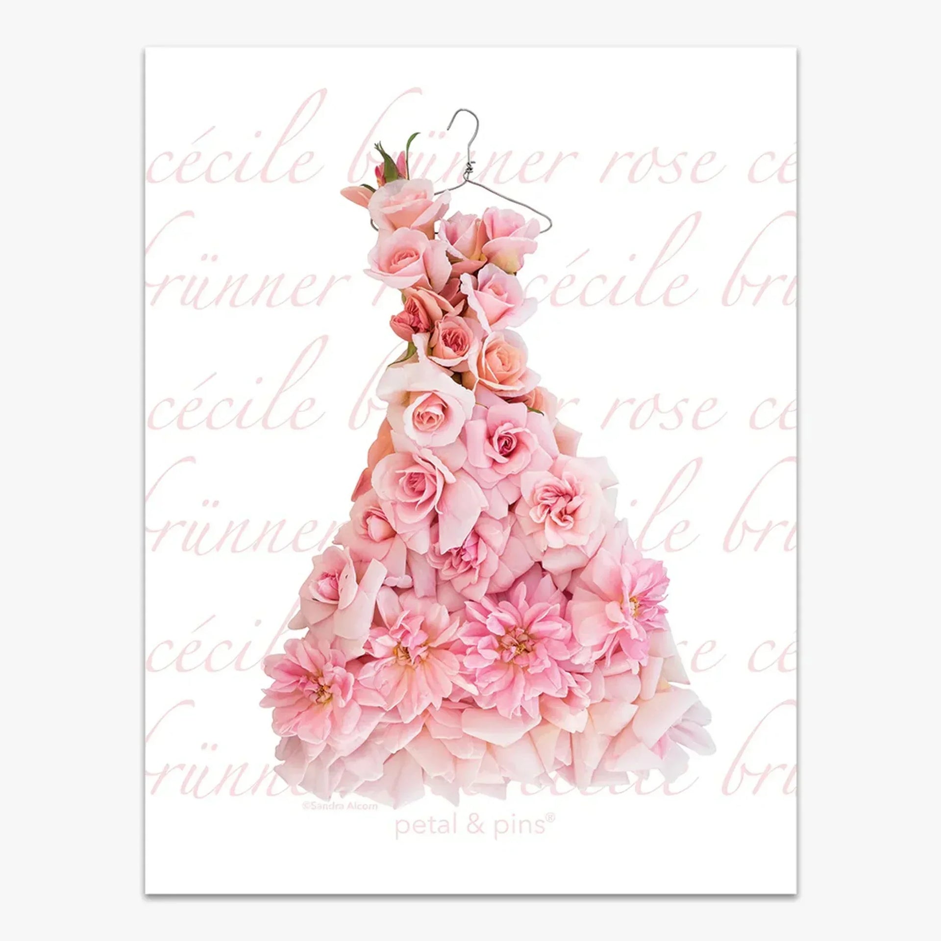 Pink rose floral dress art print, elegant home décor wall art with soft blush tones and script background