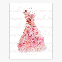Pink rose floral dress art print, elegant home décor wall art with soft blush tones and script background