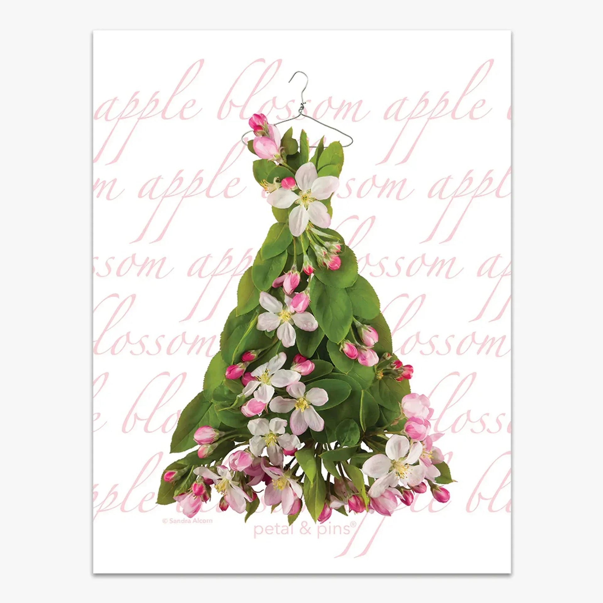 Apple blossom floral dress art print with green leaves and pink white blooms, elegant home décor wall art