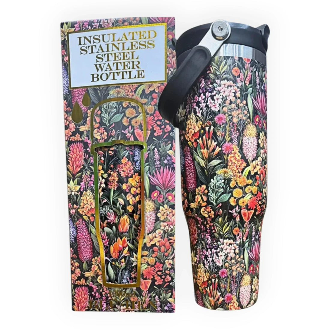 Insulated stainless steel water bottle with vibrant floral print, shown with matching gift box.