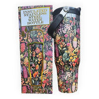 Insulated stainless steel water bottle with vibrant floral print, shown with matching gift box.