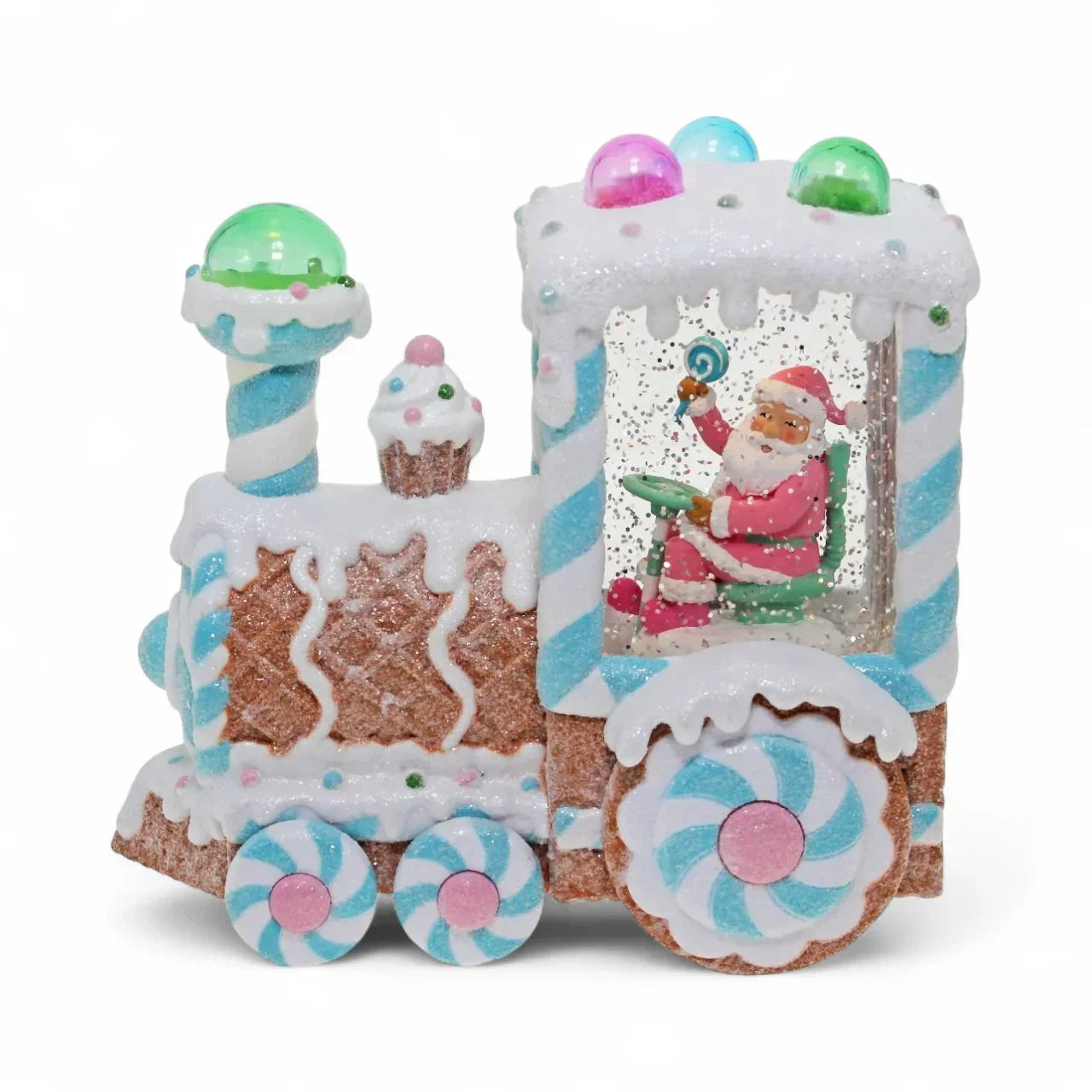 Candy-themed Santa train snow globe with gingerbread details, perfect for festive home décor