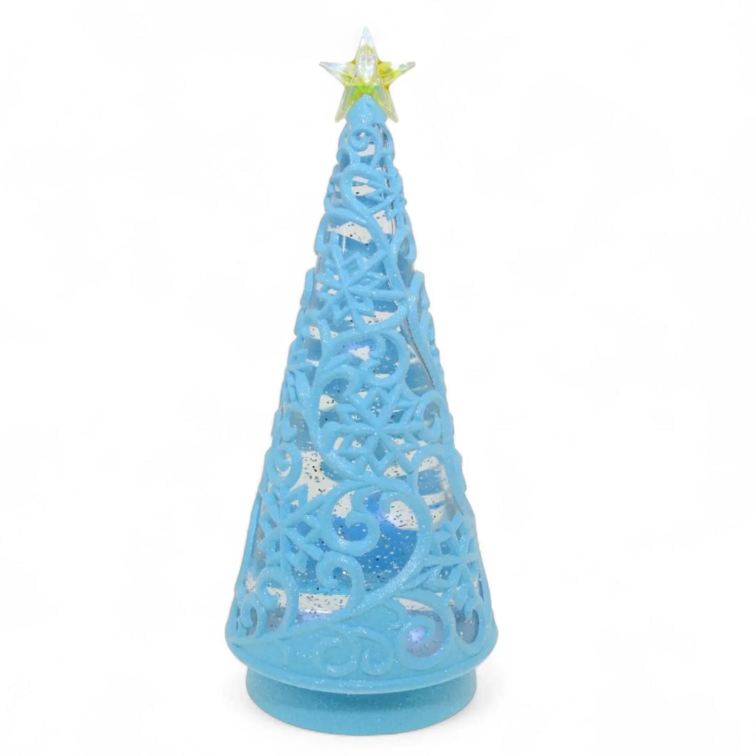Light blue glittery Christmas tree with star topper, intricate snowflake cutouts, perfect for holiday home décor