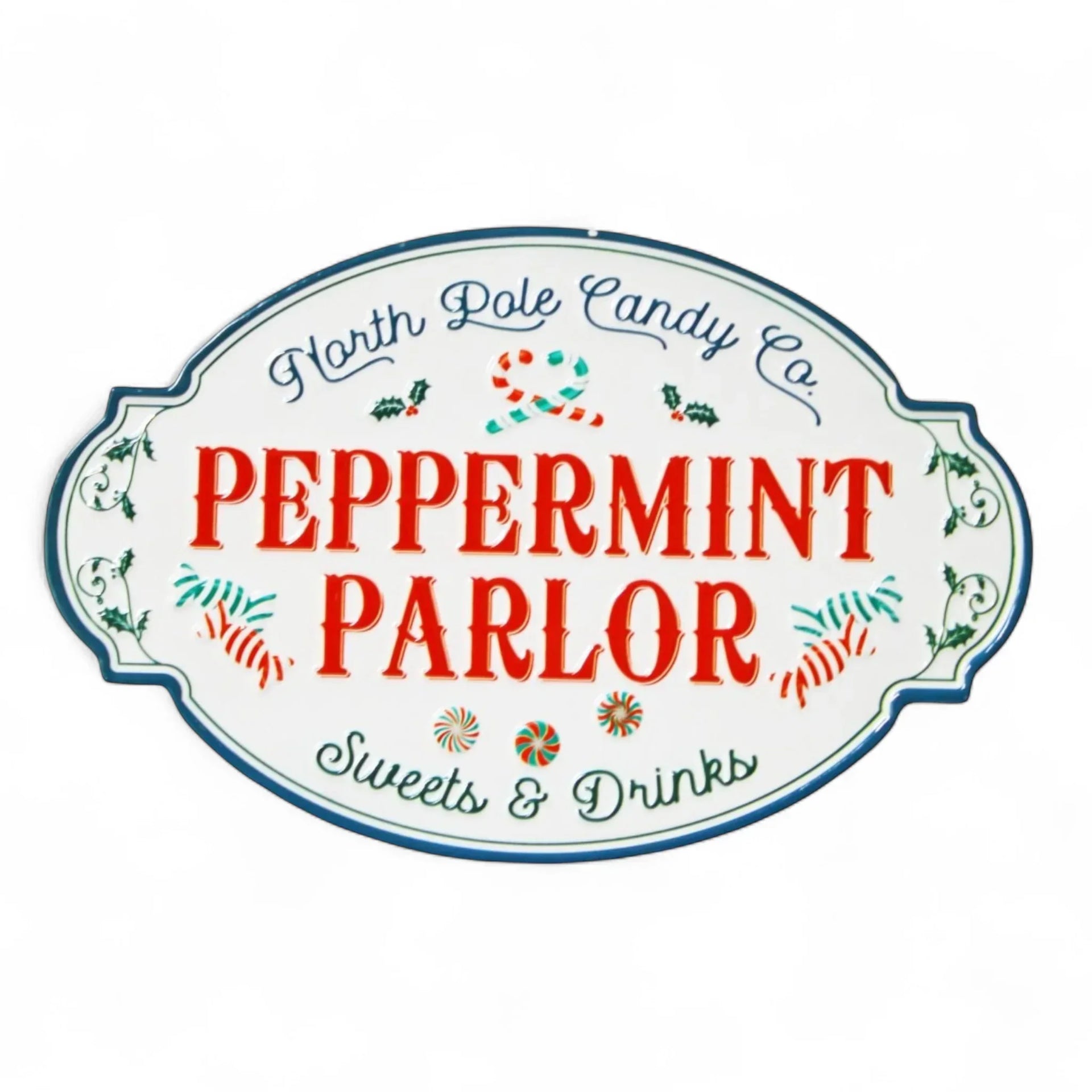 Peppermint Parlor vintage sign with candy canes and holly, perfect for holiday home décor