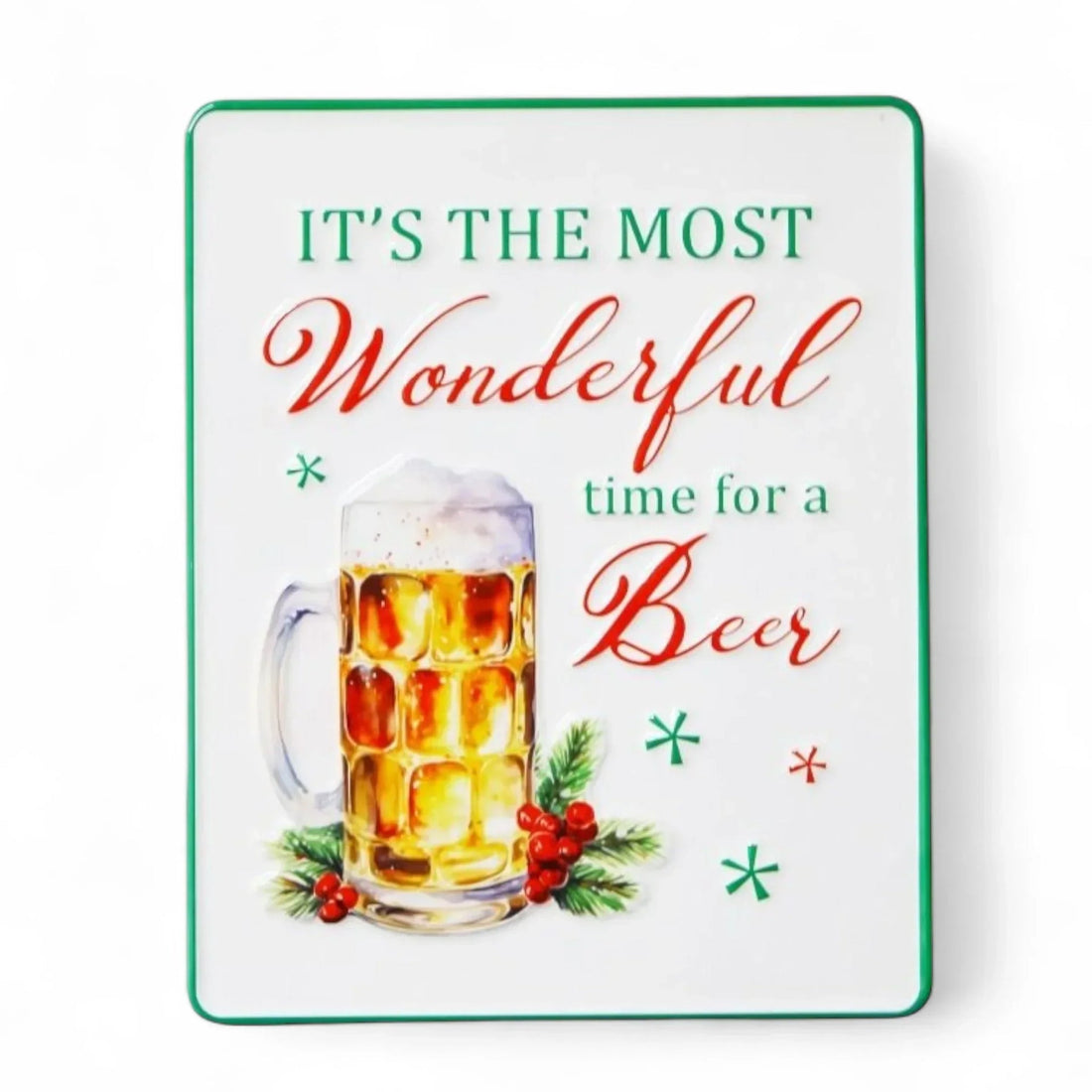 Festive wall sign with beer mug, holly, and 'It's the Most Wonderful Time for a Beer' text