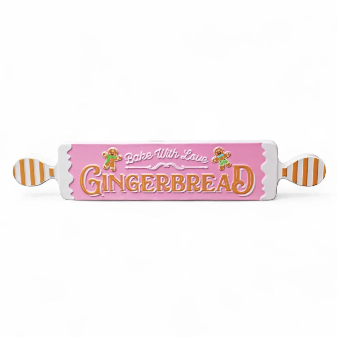 Pink gingerbread rolling pin with 'Bake With Love' text and gingerbread men, festive kitchen decor