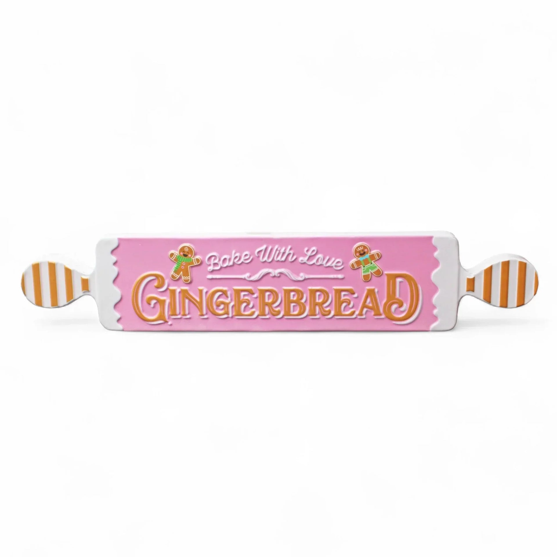 Pink gingerbread rolling pin with 'Bake With Love' text and gingerbread men, festive kitchen decor