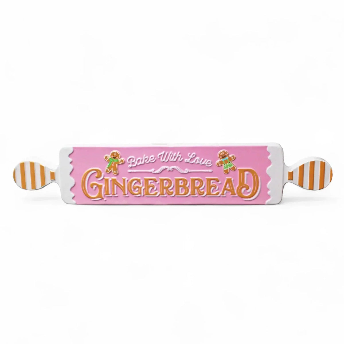 Pink gingerbread rolling pin with 'Bake With Love' text and gingerbread men, festive kitchen decor