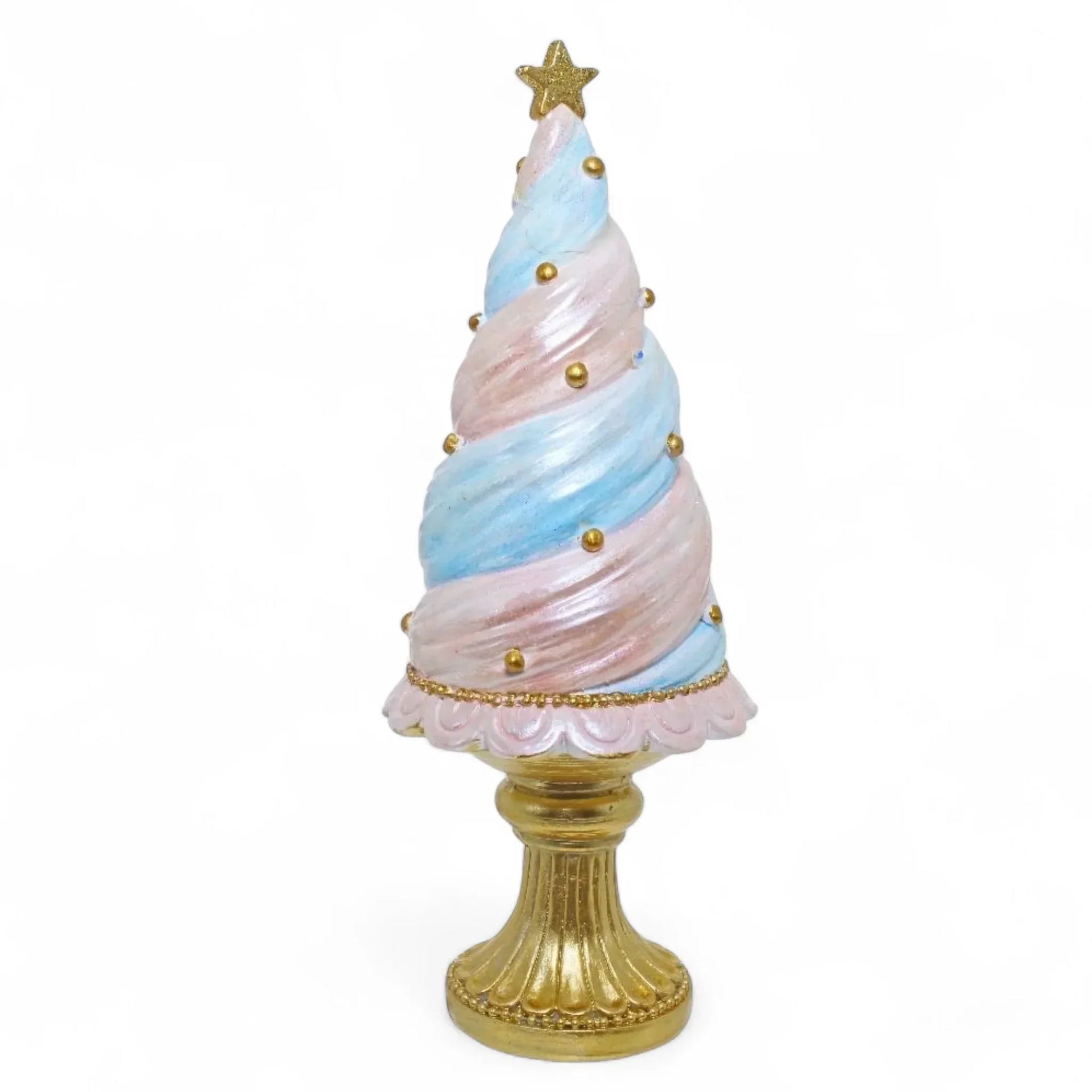 Pastel swirl Christmas tree decoration with gold star and base, festive home décor accent