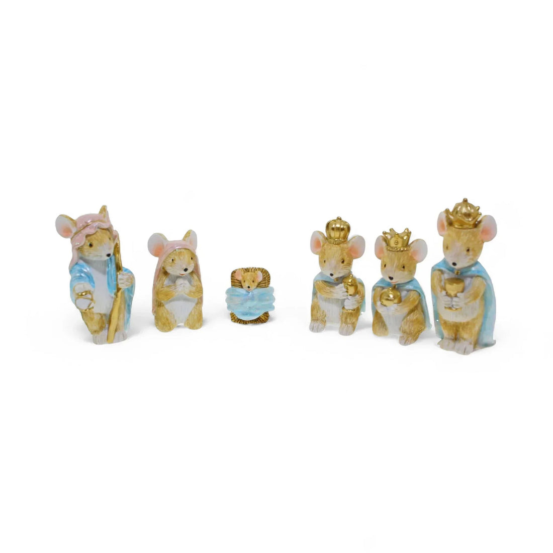 Ceramic mouse nativity set with kings, manger, and shepherds for holiday décor