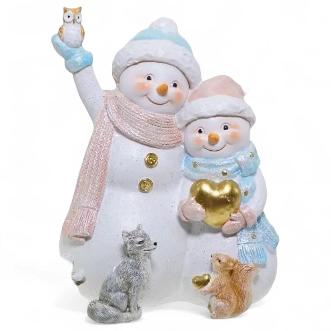 Charming snowman figurine set with owl, fox, squirrel, and golden heart for festive home décor