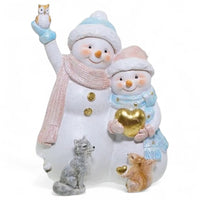 Charming snowman figurine set with owl, fox, squirrel, and golden heart for festive home décor