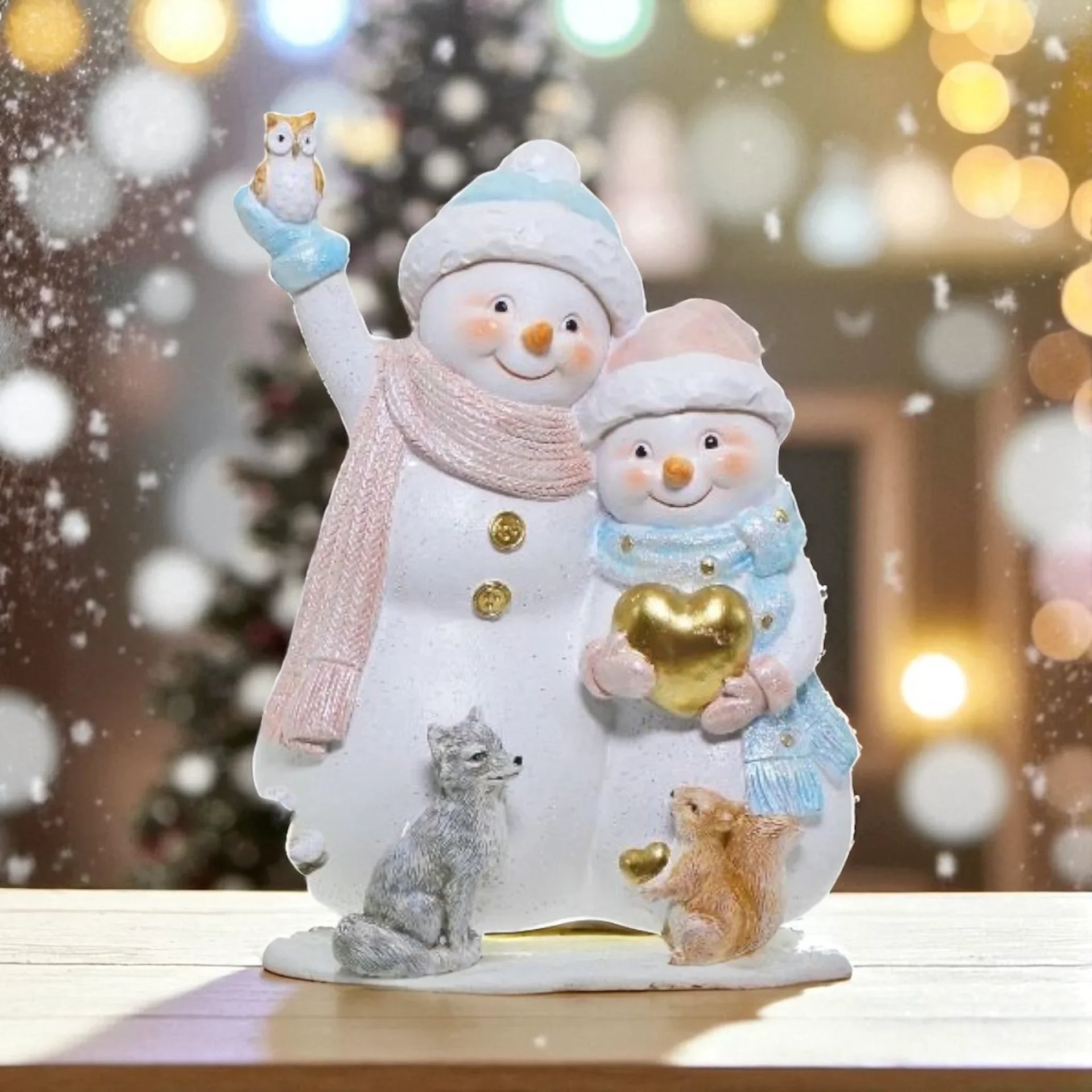 Golden Heart Pink/Blue Snowman Decoration