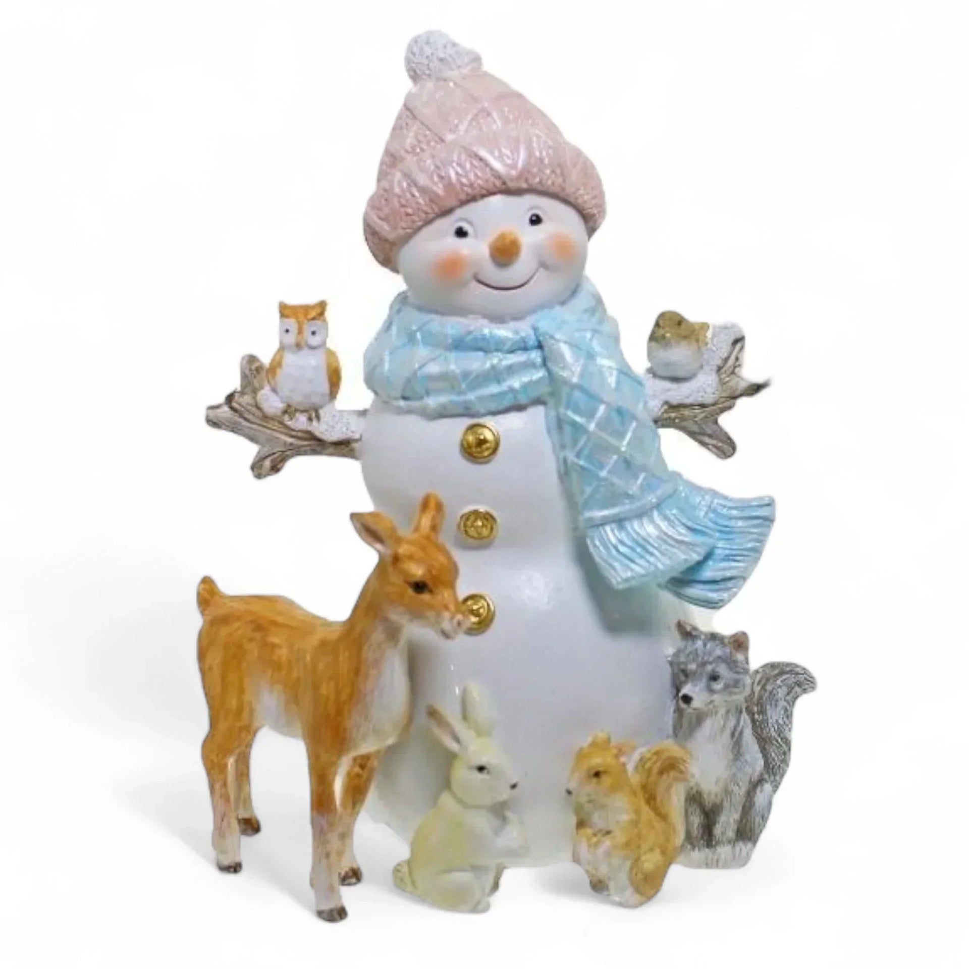 Charming snowman figurine with pink hat, blue scarf, and woodland animals for festive home décor