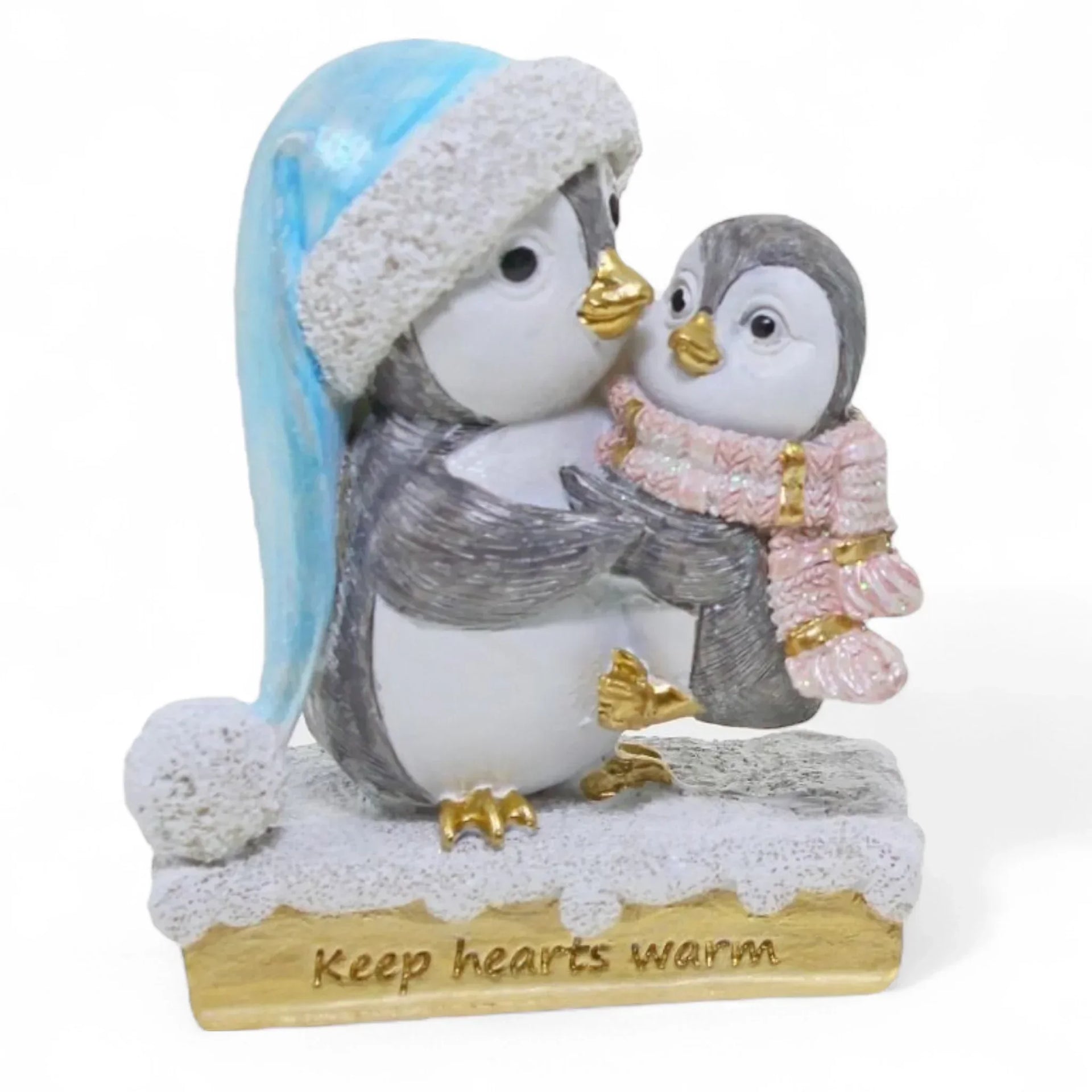 Adorable penguin figurine with baby, winter hat & scarf, 'Keep hearts warm' base – perfect home décor
