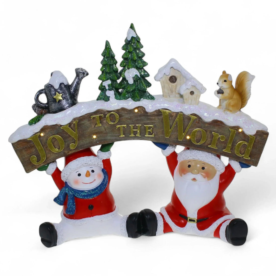 Santa and snowman holding 'Joy to the World' sign with snowy trees, squirrel, and birdhouse for Christmas décor