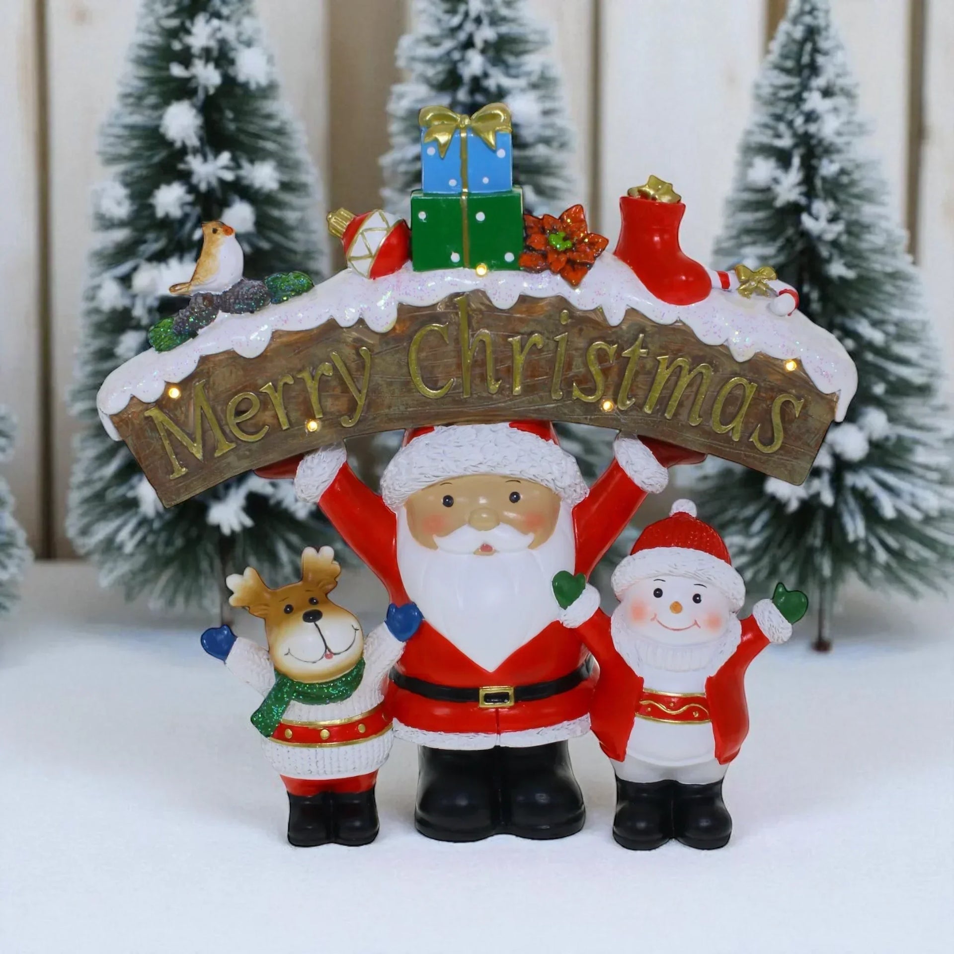 Santa, reindeer & snowman holding 'Merry Christmas' sign with gifts, festive holiday décor for home
