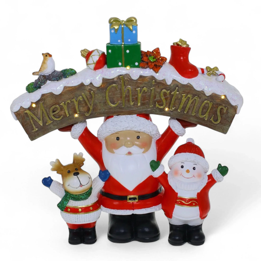 Santa, reindeer & snowman figurine holding 'Merry Christmas' sign with gifts, lights, and snow