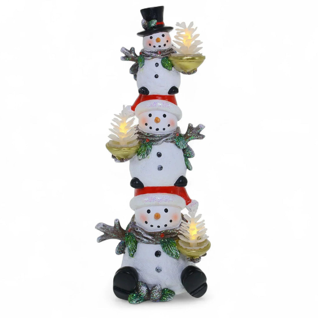 Stacked snowman figurine with glowing pinecones, festive scarves, and top hat for holiday home décor