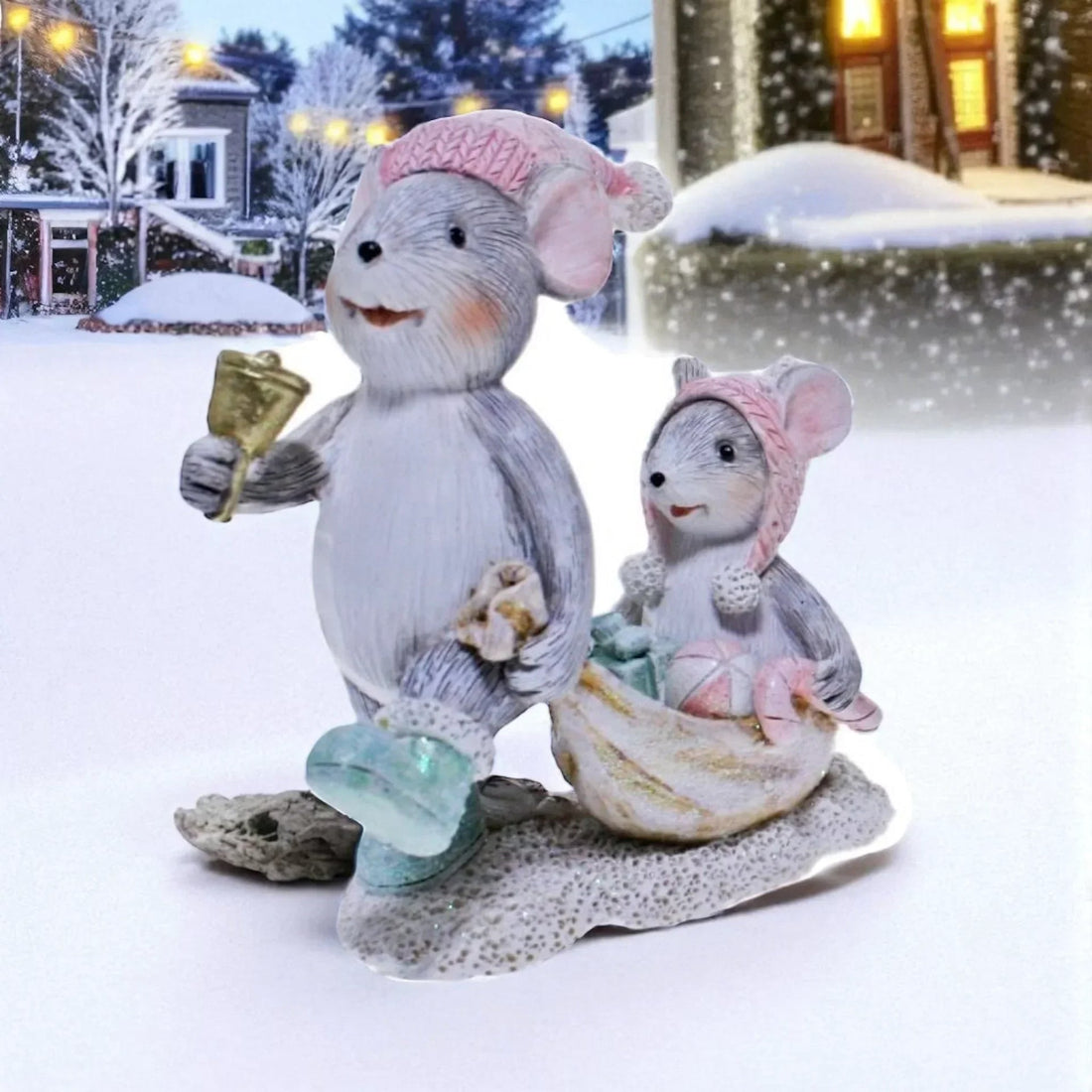 Charming winter mouse figurine set with sleigh, bell & gifts, perfect for festive home décor and holiday accents.