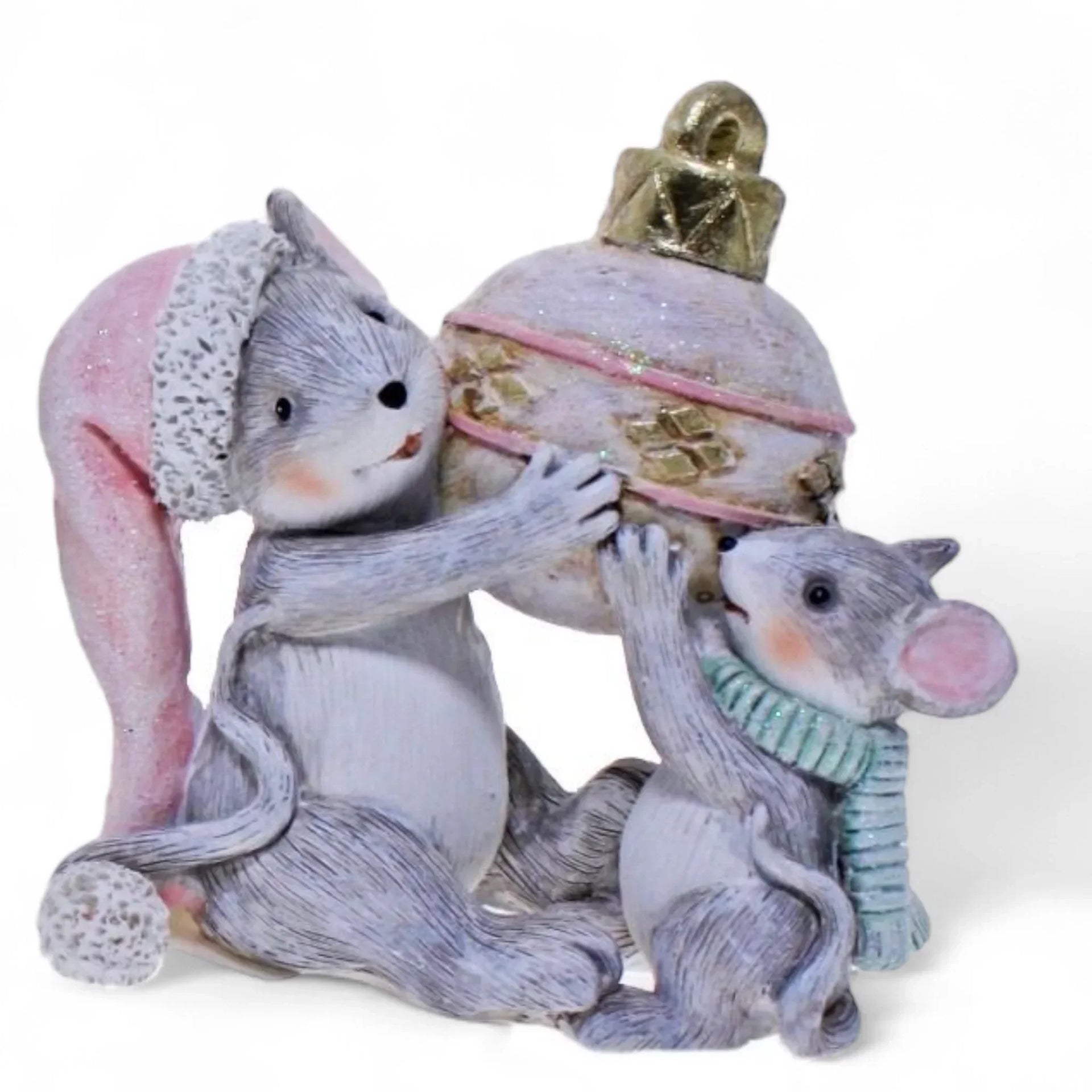 Charming mouse figurine set with two mice holding a glittery Christmas ornament, perfect for holiday home décor.
