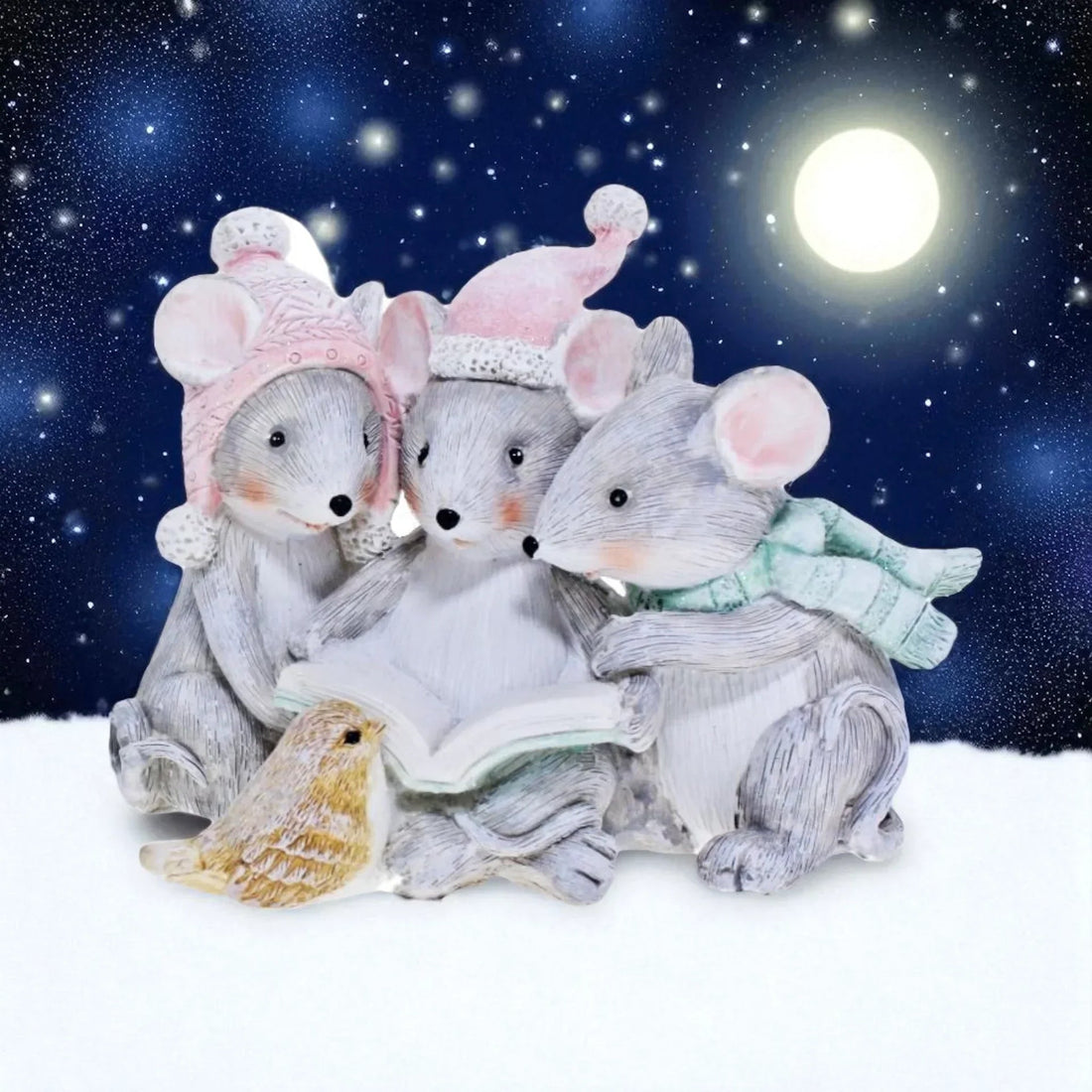 Charming mouse family figurine reading book under moonlight, cozy winter decor with bird companion