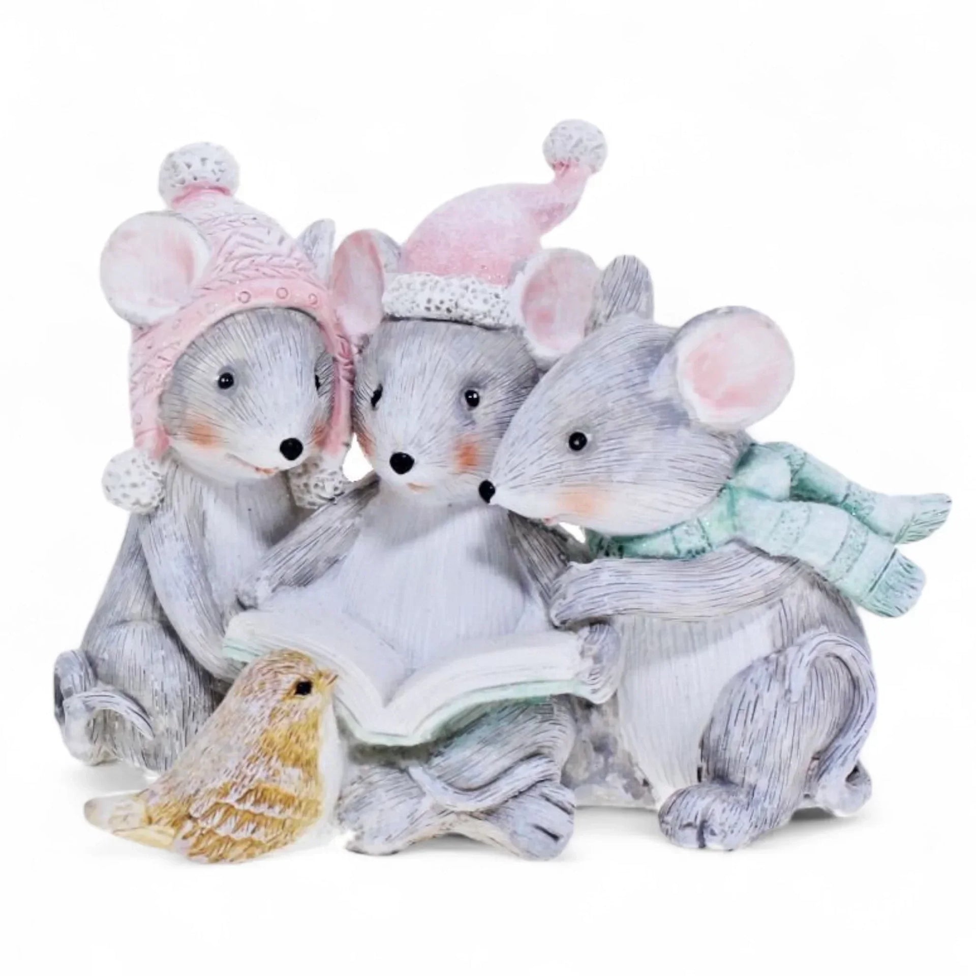 Three mice reading a book with a bird, cozy winter hats and scarf, home décor figurine