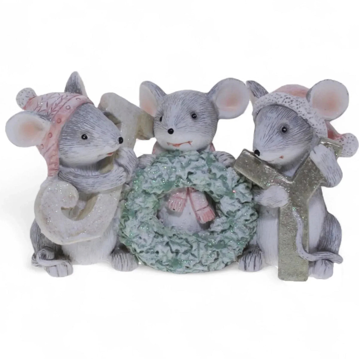 Three festive mouse figurines with holiday wreath and glittery letters, perfect for Christmas home décor