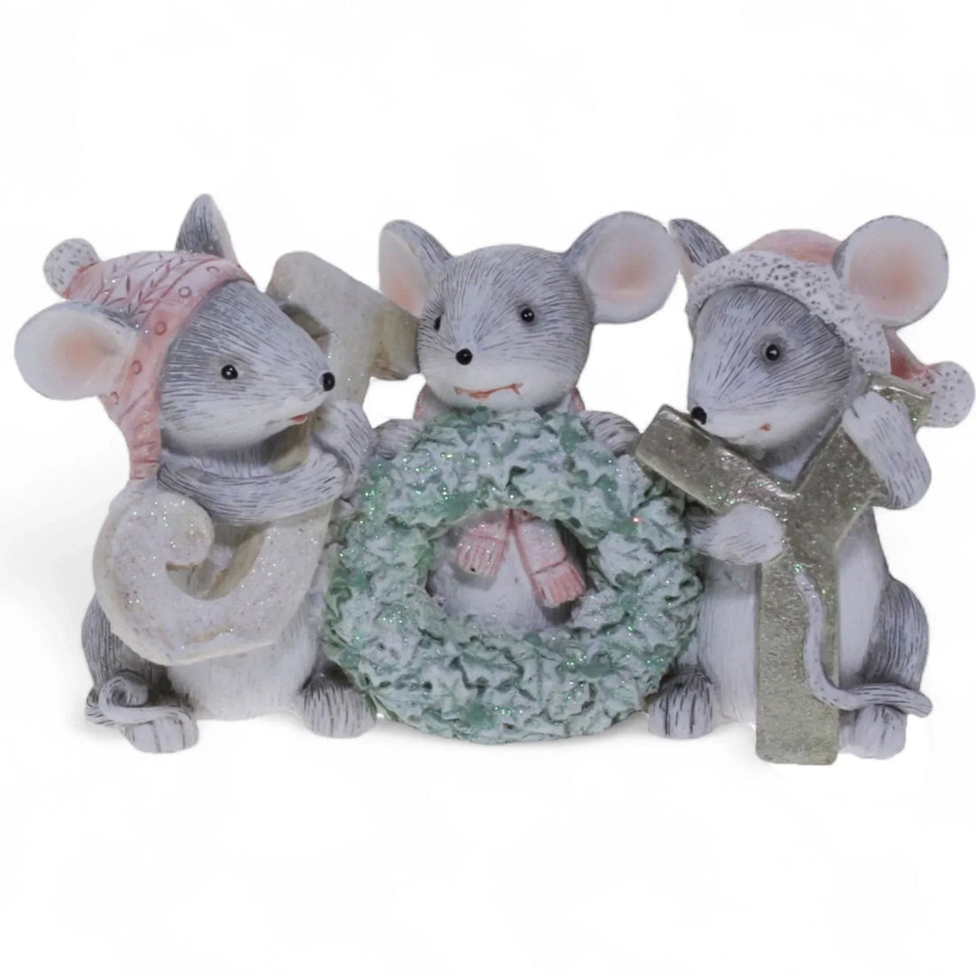 Three festive mouse figurines with holiday wreath and glittery letters, perfect for Christmas home décor