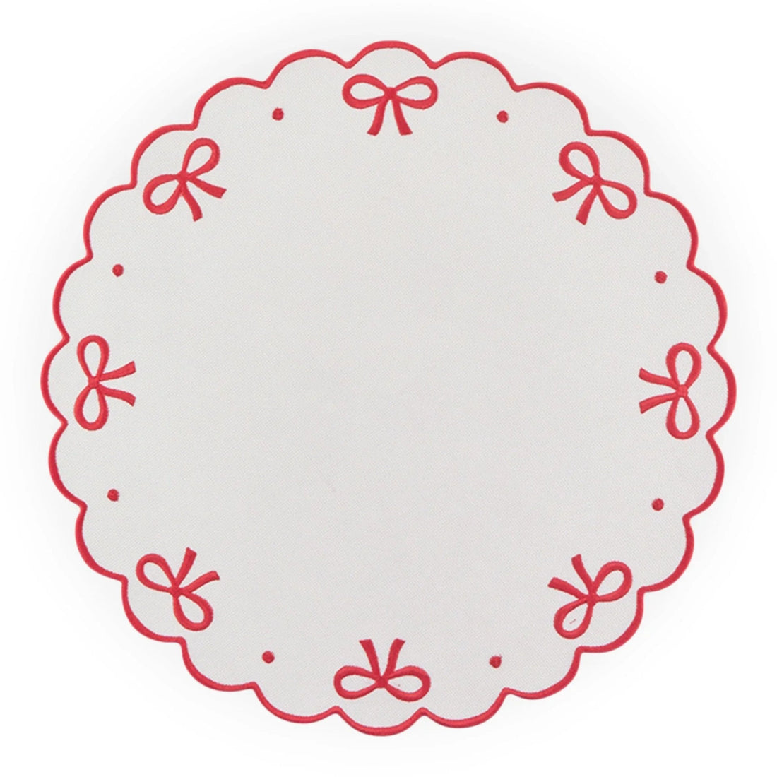 White placemat with red scalloped edge and bow embroidery, elegant home decor accessory
