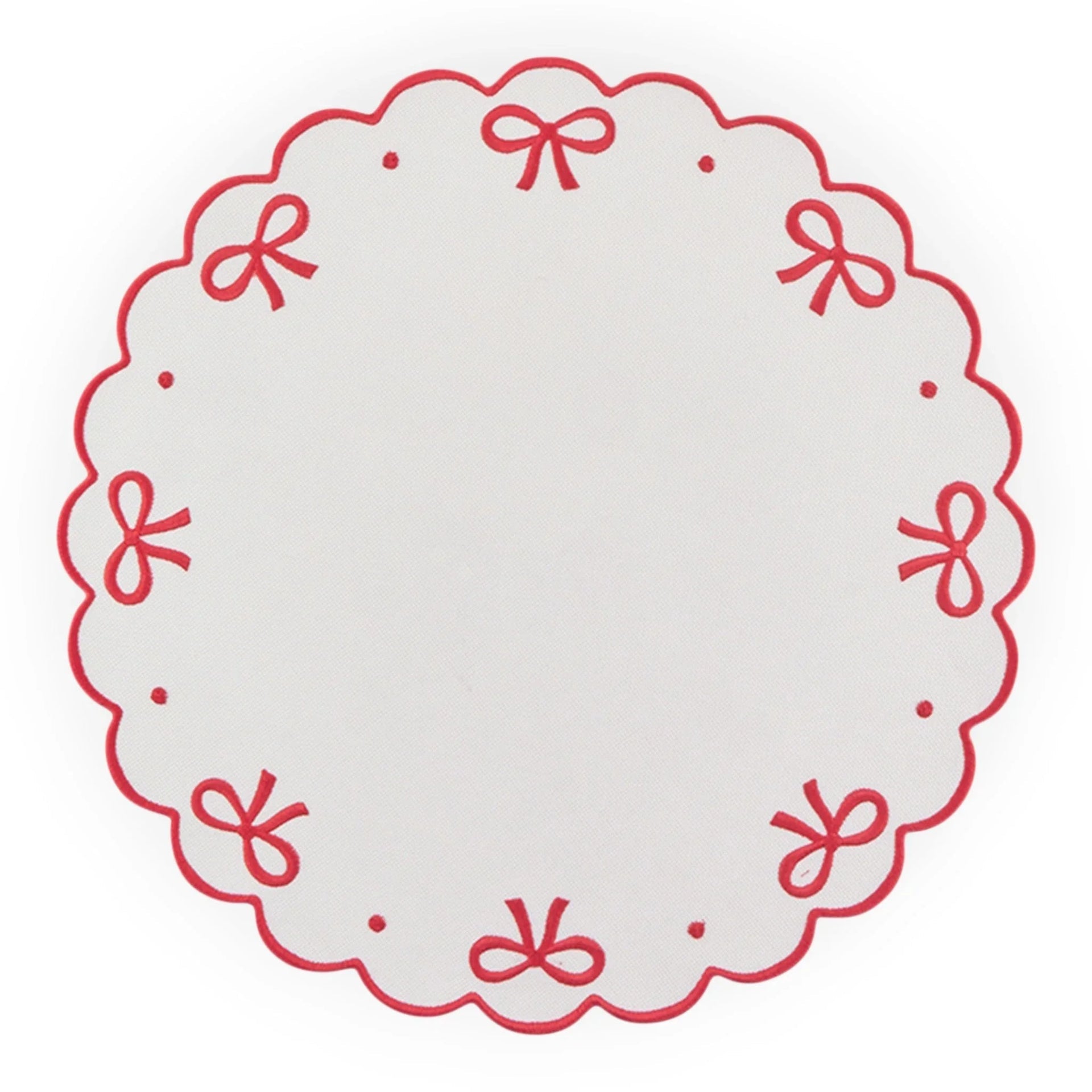 White placemat with red scalloped edge and bow embroidery, elegant home decor accessory