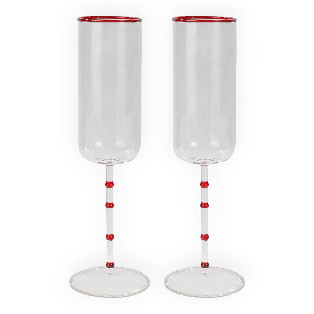 Elegant red-accented champagne flutes with bamboo-style stems, perfect for luxury home décor and special occasions.