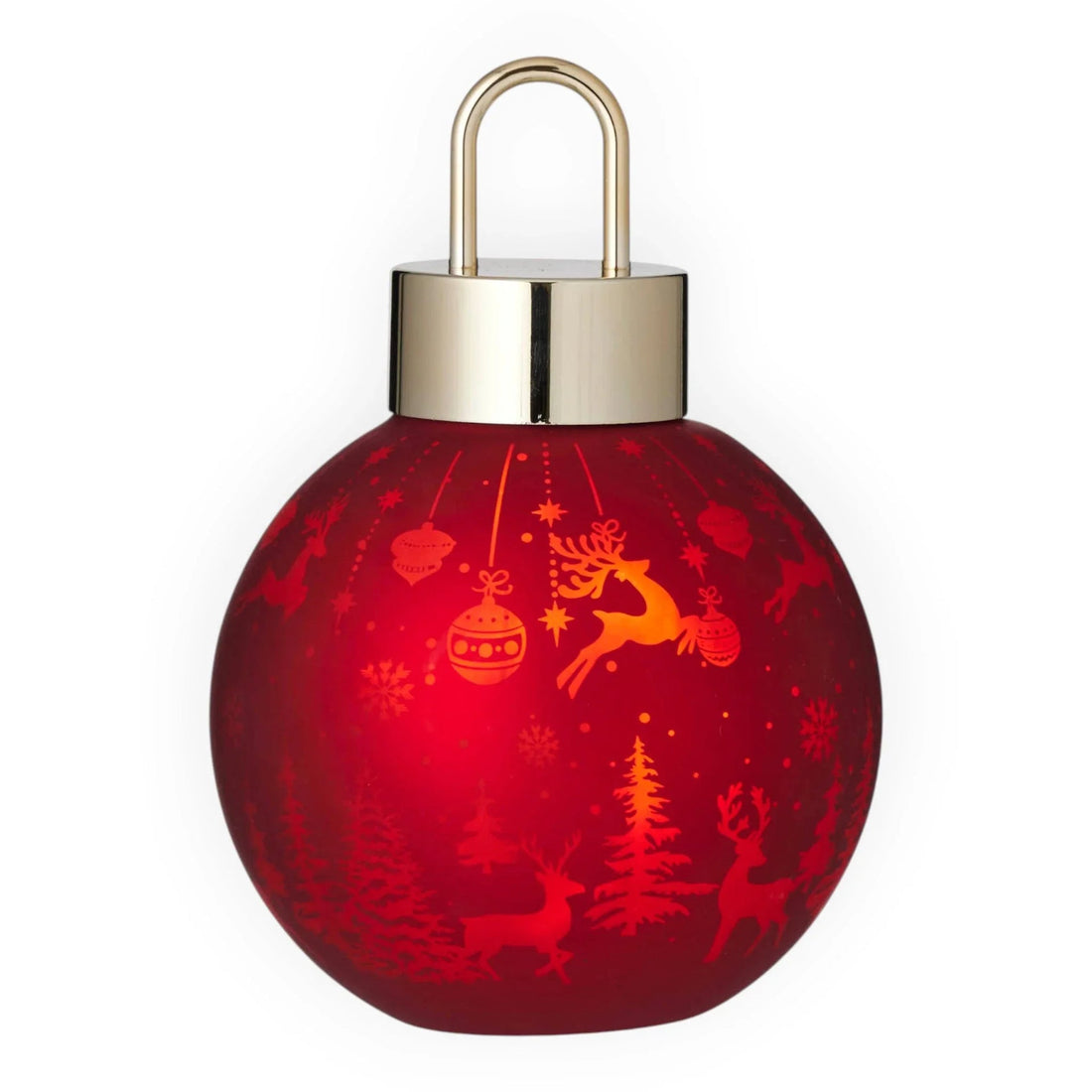 Red Christmas ornament with reindeer, trees, and baubles, gold cap, festive holiday decor