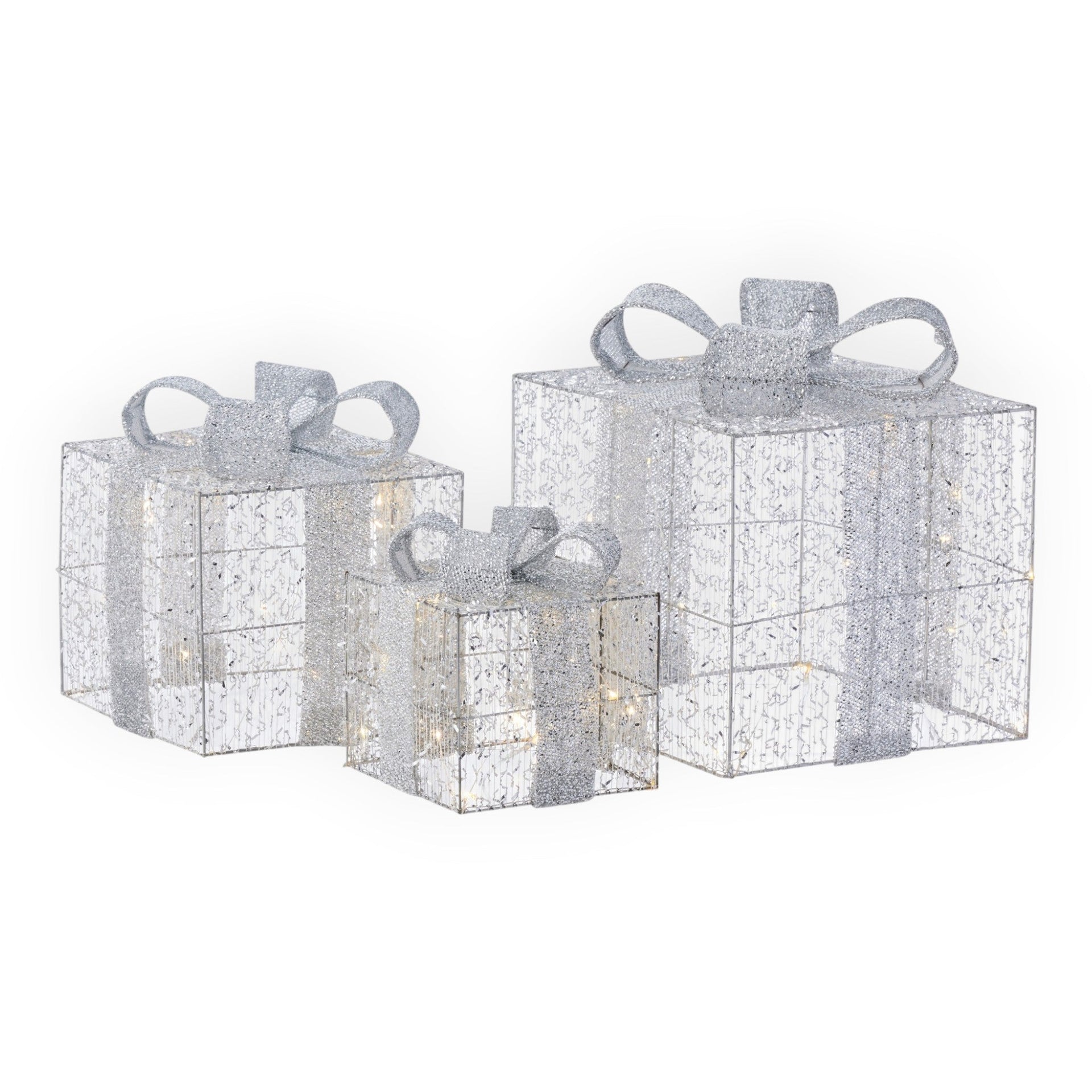 Set of 3 LED Joy Gift Boxes - Silver