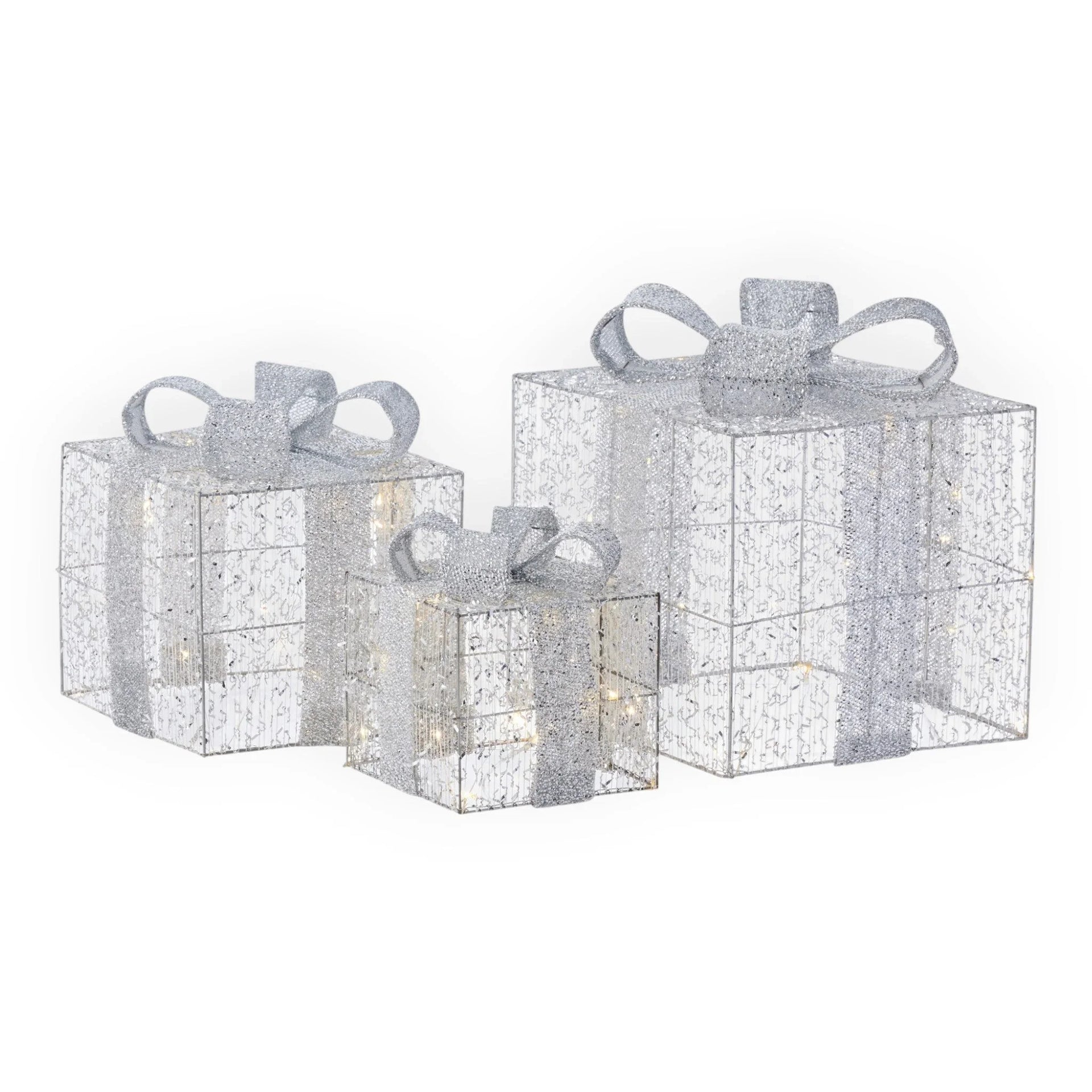 Sparkling silver gift box decorations with LED lights, perfect for festive home décor and holiday displays.