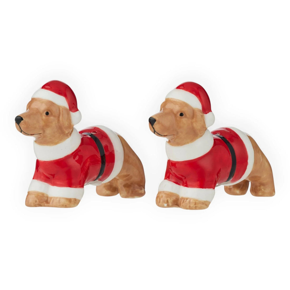 Cute ceramic puppy figurines in red Santa suits, perfect for Christmas home décor and holiday gifts.